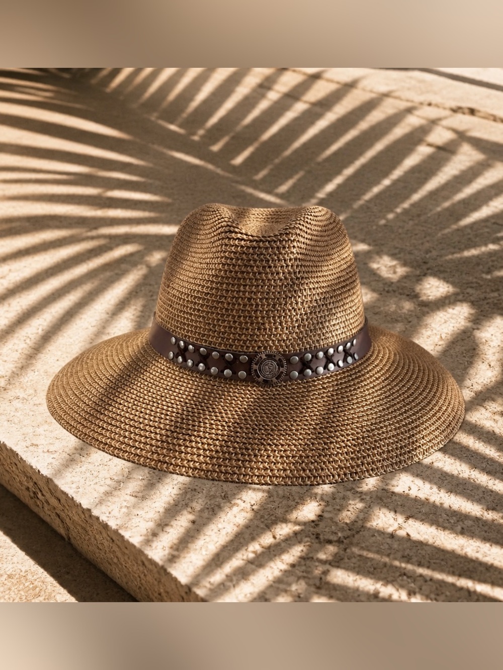 Wide Brim Straw Fedora Hat with Studded Band - Brown